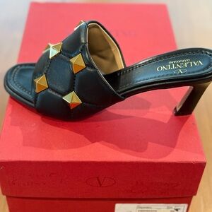 Valentino Garavani Black Heeled Sandals with Gold Studs
